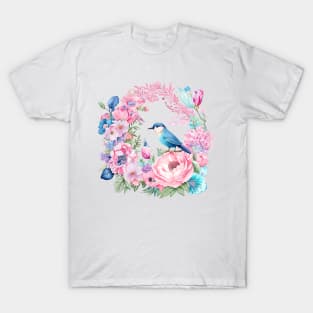 Funny bird and purple, pink wildflowers meadow, Lavender Flowers wreath Watercolor Artwork Romance bouquet flowers Birthday, Holiday, Wedding Day, Grandma, Girls, Women's Day gifts and decoration T-Shirt